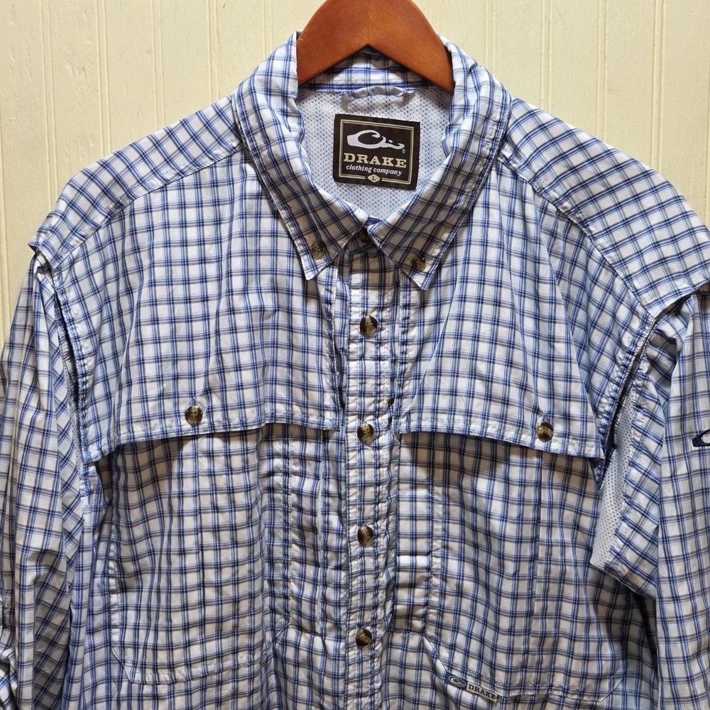 Drake Shirt Mens Large Blue Check Long Sleeve Button Up Fishing Outdoor Vented